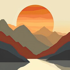 Wall Mural - A beautiful sunset over a serene lake among mountains and trees