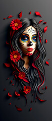 Wall Mural - A woman with a skeleton face and red flowers on her head