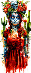 Wall Mural - A woman in a red dress with a skull on her head. The woman is dressed in a Mexican style and has a skeleton on her head