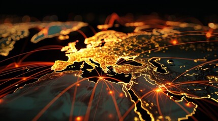 Poster - A global map with pulsating beams of light representing major data arteries, converging on cloud hubs