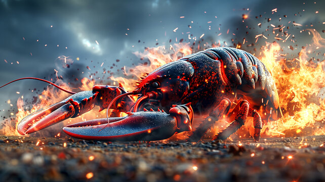 A large lobster is surrounded by fire and smoke. The image has a dramatic and intense mood, with the lobster appearing to be in danger