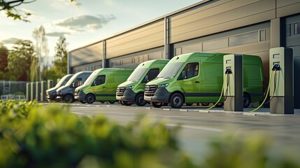 Poster - Against the backdrop of a clean energy-powered charging station, electric vans used for green logistics and sustainable transportation are lined up for charging. This image showcases the commitment