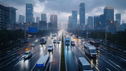 Poster - A panoramic view of a cityscape features electric vans navigating through traffic, showcasing the implementation of green logistics in urban delivery services. The vehicles, equipped with