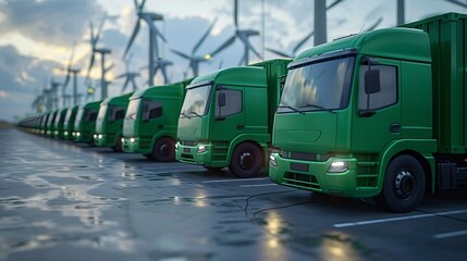 Against a backdrop of renewable energy infrastructure, electric vehicles designed for green logistics stand ready for deployment. The scene emphasizes the integration of sustainable transportation