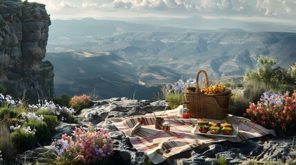 Poster - Picnic on a rocky cliff overlooking vast