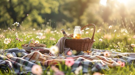 Poster - Picnic in a sunny meadow with flowers img