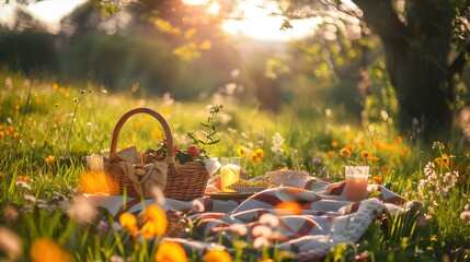 Wall Mural - Picnic in a sunny meadow with flowers image