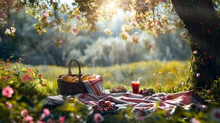 Poster - Picnic in a sunny meadow blankets baskets image