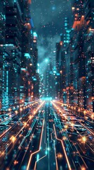 Poster - A vast, abstract circuit board landscape, pulses of energy flowing along pathways, with imposing firewall structures in the distance, vaporwave