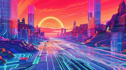 Poster - A vast, abstract circuit board landscape, pulses of energy flowing along pathways, with imposing firewall structures in the distance, vaporwave