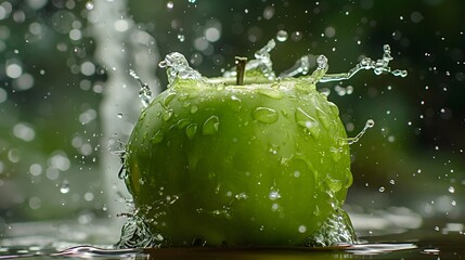 Wall Mural - Water splashing on Fresh green apple on Green background. 