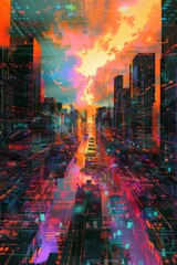 Poster - A vast, abstract circuit board landscape, pulses of energy flowing along pathways, with imposing firewall structures in the distance, vaporwave