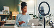© WesSide/peopleimages.com - Woman, influencer and home with smartphone for social media or online vlog and live streaming. Female person, content creator and podcast as university student for educational talk and motivation
