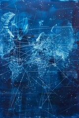 Poster - Global network map in blueprint style, major data centers marked, fiber-optic routes traced with dashed lines, ocean cables highlighted