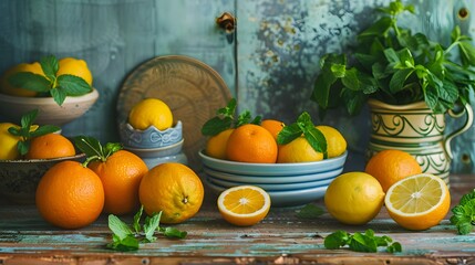 Wall Mural - Juicy oranges and lemons on a wooden image