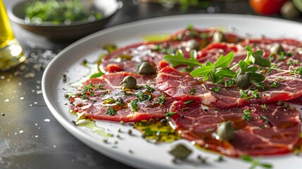 Wall Mural - Beef carpaccio on a plate decorated