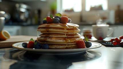 pancakes on a plate drizzled with maple