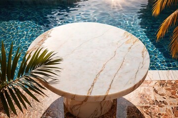 Wall Mural - Marble podium backdrop background with tropical pool, luxury summer vacation theme