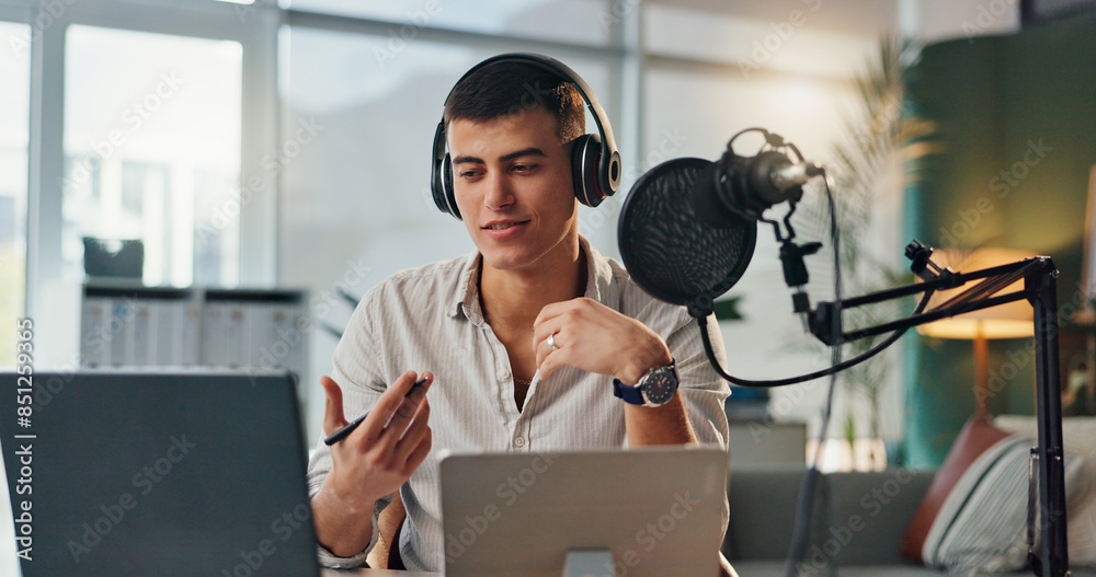 Podcast, news presenter and radio show host with man speaking about ...