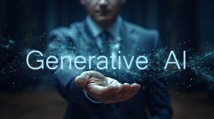 Generative AI word on the hand of a businessman. Text symbol concept. Copy space.