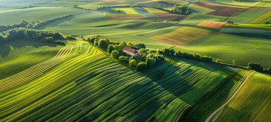 Wall Mural - An aerial view of agricultural fields, showcasing the layout and diversity in crops growing on farmland near an abandoned farmhouse