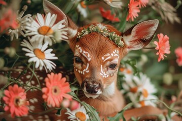 Wall Mural - A baby deer with a flower crown on its head is surrounded by flowers