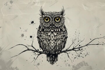 Wall Mural - A black and white owl is perched on a branch