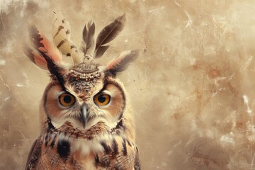 A brown owl with feathers on its head and eyes staring at the camera