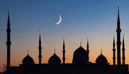 Wall Mural - Mosques Dome on dark blue twilight sky and Crescent Moon on background, symbol islamic religion Ramadan and free space for text arabic, Eid al-Adha, Eid al-fitr, Mubarak, Islamic new year Muharram