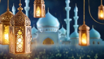 Wall Mural - Ornamental Arabic lantern with burning candle glowing at night mosque background. Festive greeting card for Eid, Ramadan, Islamic New Year, Muharram