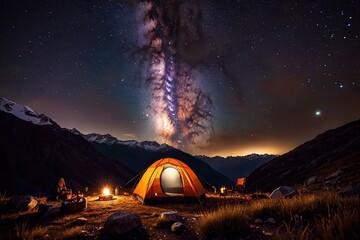 Luxury modern camping under magical night sky, leisure outdoor lifestyle