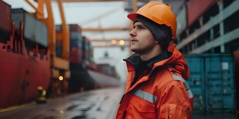 Supervising loading of cargo containers on a freight ship explaining logistics work. Concept Logistics Operations, Cargo Loading, Freight Shipping, Maritime Industry, Supply Chain Management