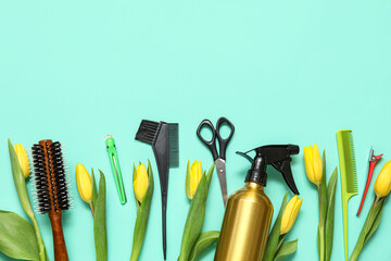 Wall Mural - Set of hairdresser's accessories with tulips on turquoise background