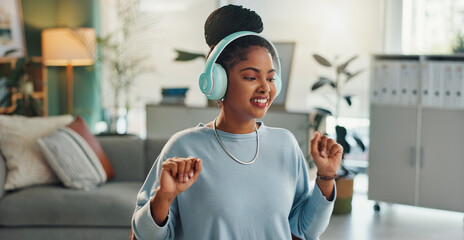 Poster - Home, dance and woman with music in headphones for online sound, entertainment or listening to radio. Smile, person and happy with technology in house for audio, streaming service and subscription