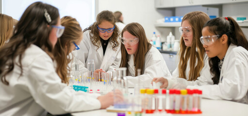 Wall Mural - Female students working together in the laboratory, looking at the model of a chemical structure made with plasticine and showing it to each other while wearing lab coats and safety glasses