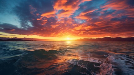 Wall Mural - a breathtaking sunset over the ocean, with the sun dipping below the horizon, leaving behind a trail of fiery streaks that illuminate the clouds and the water.