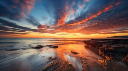 Poster - a breathtaking sunset over the ocean, with the sun dipping below the horizon, leaving behind a trail of fiery streaks that illuminate the clouds and the water.