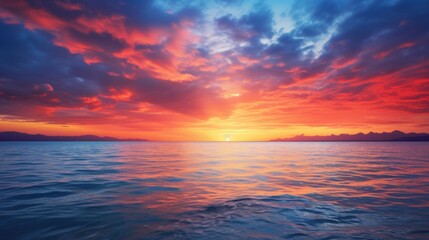 Poster - breathtaking sunset over the ocean, with the sun dipping below the horizon, leaving behind a trail of fiery streaks that illuminate the clouds and the water.