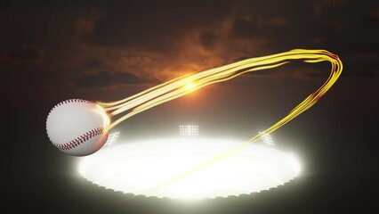 Wall Mural - A baseball sport ball flying through the air with a flowing travelling trail of glowing wispy lights from a stadium  illuminated by an array of spotlights in the night time - 3D render 