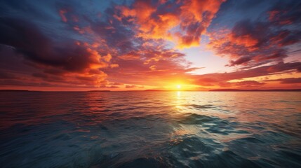 Poster - breathtaking sunset over the ocean, with the sun dipping below the horizon, leaving behind a trail of fiery streaks that illuminate the clouds and the water.