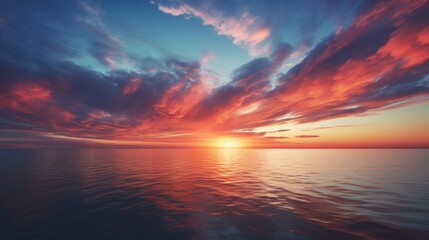 Poster - breathtaking sunset over the ocean, with the sun dipping below the horizon, leaving behind a trail of fiery streaks that illuminate the clouds and the water.