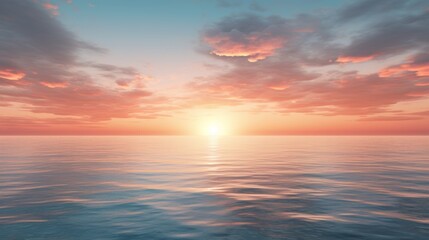 serene sunset over the ocean, with the sky reflecting the soft hues of the setting sun, creating a tranquil and peaceful atmosphere