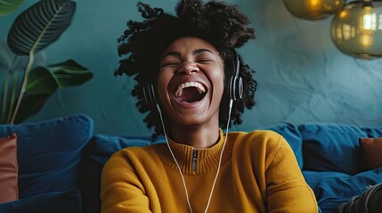 A woman with headphones, sitting on a sofa, laughing out loud while listening to a comedic podcast.