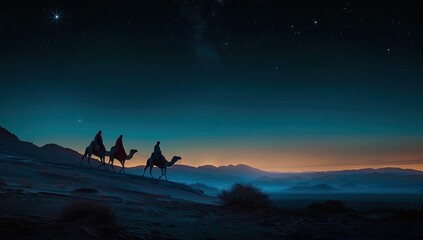 Three wise men riding camels in the desert at sunset, enjoying the landscape