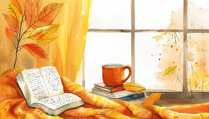 Wall Mural - A book is open on a table next to a mug