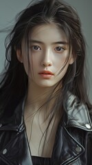 Wall Mural - The picture shows a Chinese beauty with long hair wearing a black leather jacket