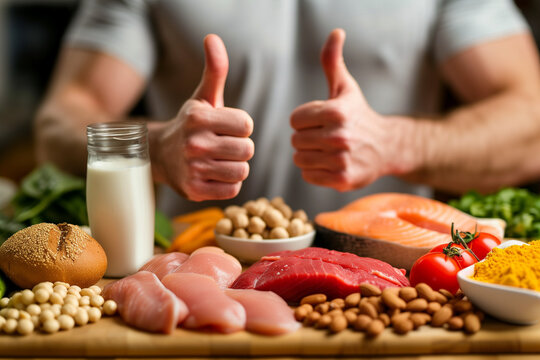 Sport, fitness, healthy lifestyle, diet and people concept - close up of man with food rich in protein showing thumbs up


