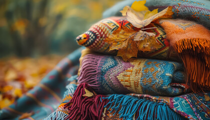 Wall Mural - A blanket with a pattern of red, white, and green is on top of a table