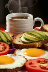 Wall Mural - Breakfast served with coffee, bread, fried eggs, avocado, tomatoes