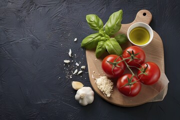 Bunch of fresh basil, tomatoes, parmesan cheese, garlic and olive oil